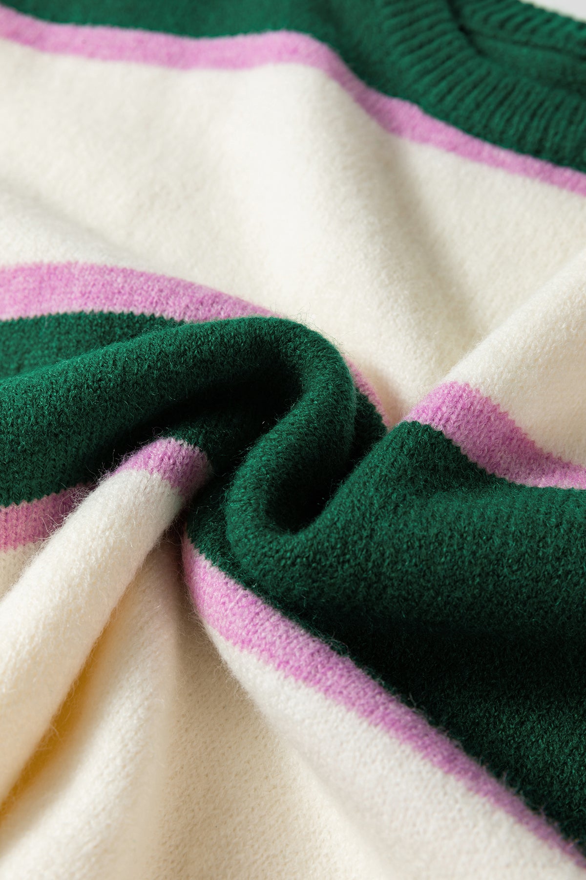 Blackish Green Striped Color Block Knit Dropped Shoulder Loose Pullover Sweater