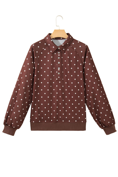 Pink Polka Dot Print Metal Button Collar Casual Pullover Sweatshirt
