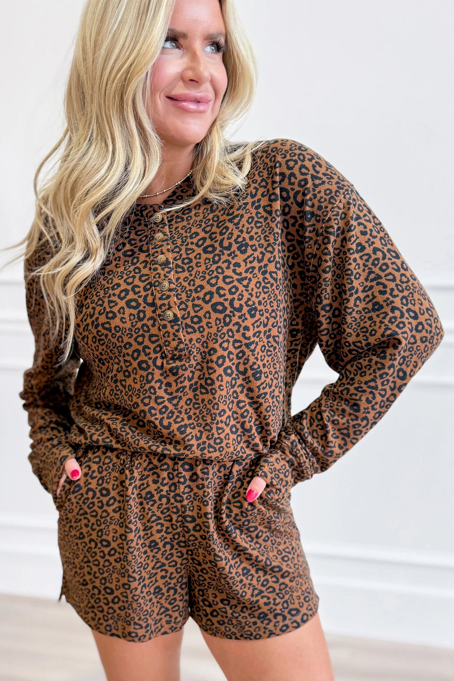 Brown Leopard Print Long Sleeve Henley Top Elastic Waist Shorts 2pcs Outfit
