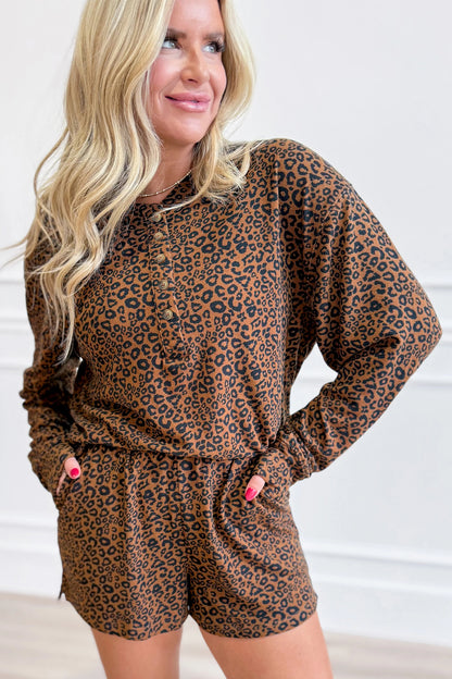 Brown Leopard Print Long Sleeve Henley Top Elastic Waist Shorts 2pcs Outfit