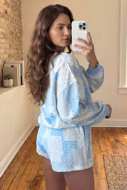 Sky Blue Patchwork Floral Print Drop Shoulder Baggy Pullover Drawstring Shorts Set