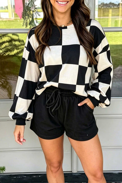 Khaki Checkerboard Plaid Long Sleeve Solid Color Shorts 2pcs Set