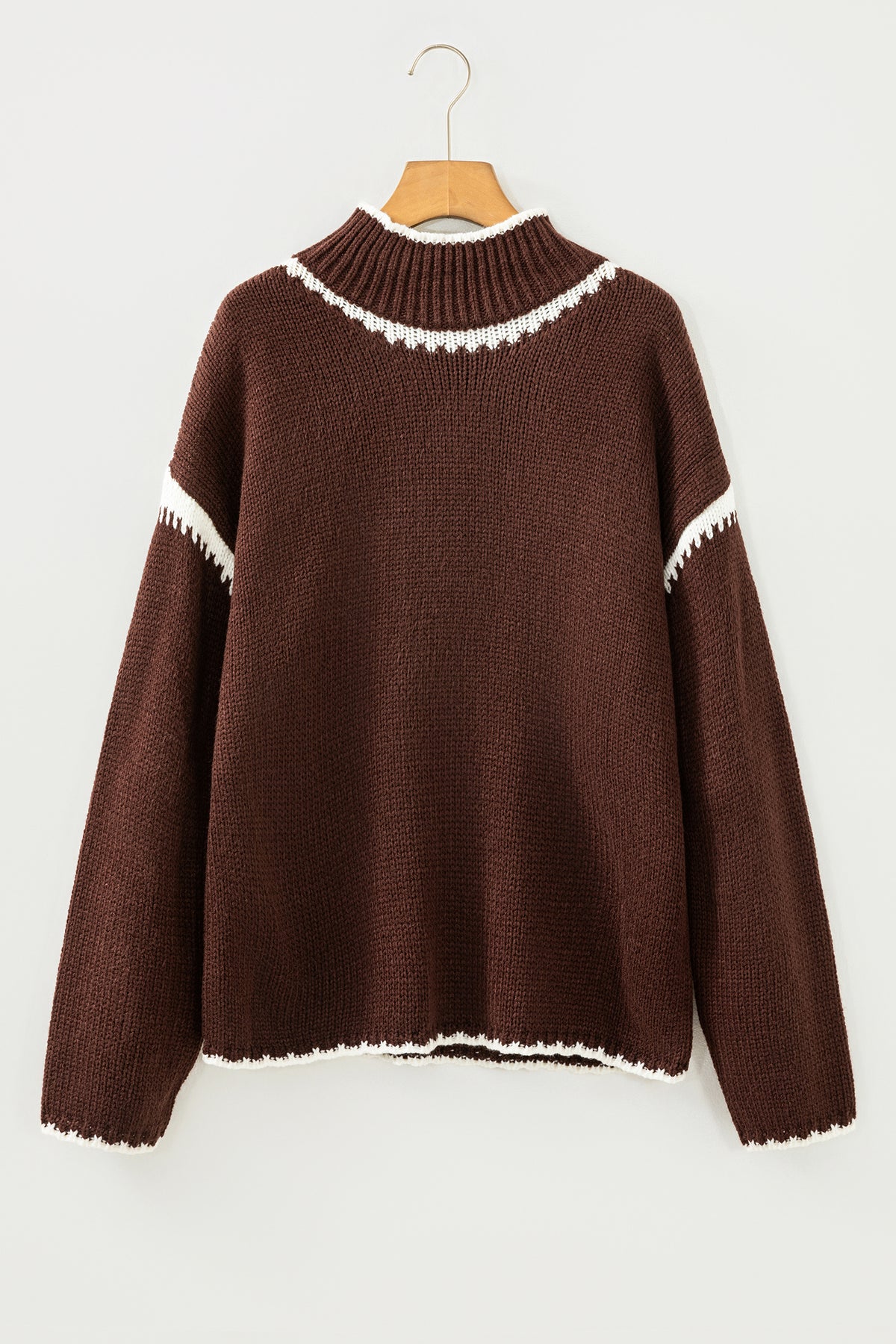 Dark Khaki Contrast Trim Mock Neck Drop Shoulder Relaxed Sweater
