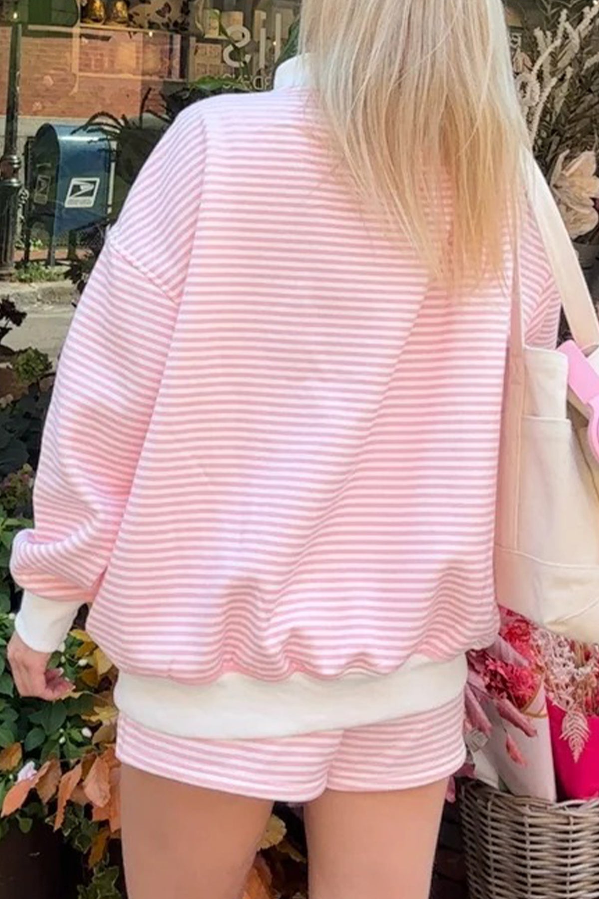 Sky Blue Stripe Oversize Mock Neck Sweatshirt and Shorts Set