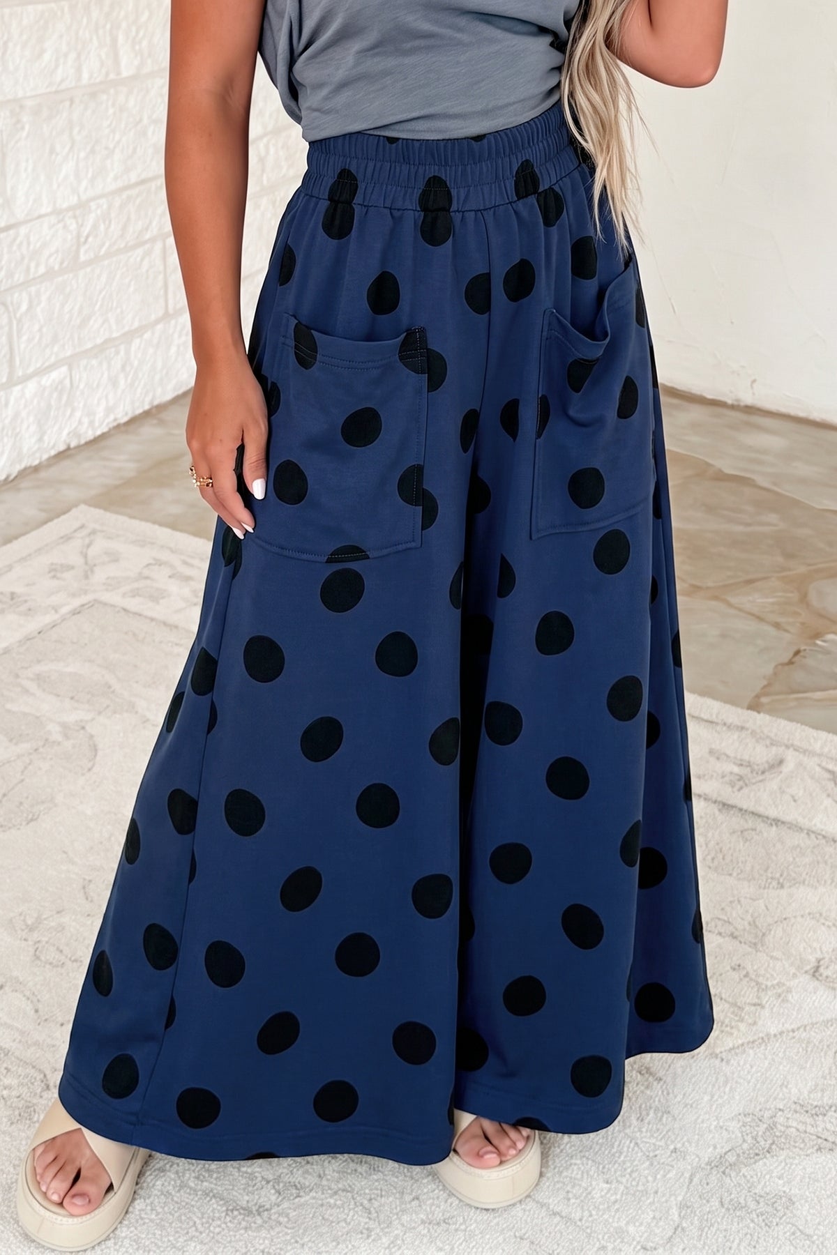 Burgundy Polka Dot Wide Leg Elastic Waist Casual Pants