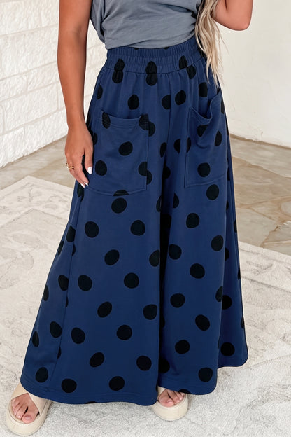 Burgundy Polka Dot Wide Leg Elastic Waist Casual Pants