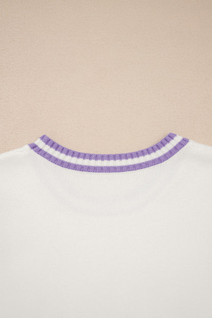 White Mardi Gras Tinsel Letter Graphic Short Sleeve Sweater