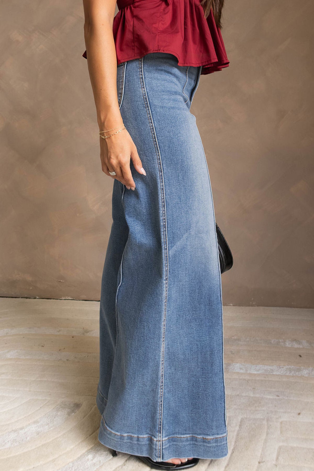 Dusk Blue Piping Seam Detail Flare Leg Pocket Jeans