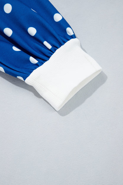 Blue Polka Dot Colorblock Half Zip Puff Sleeve Pullover Sweatshirt
