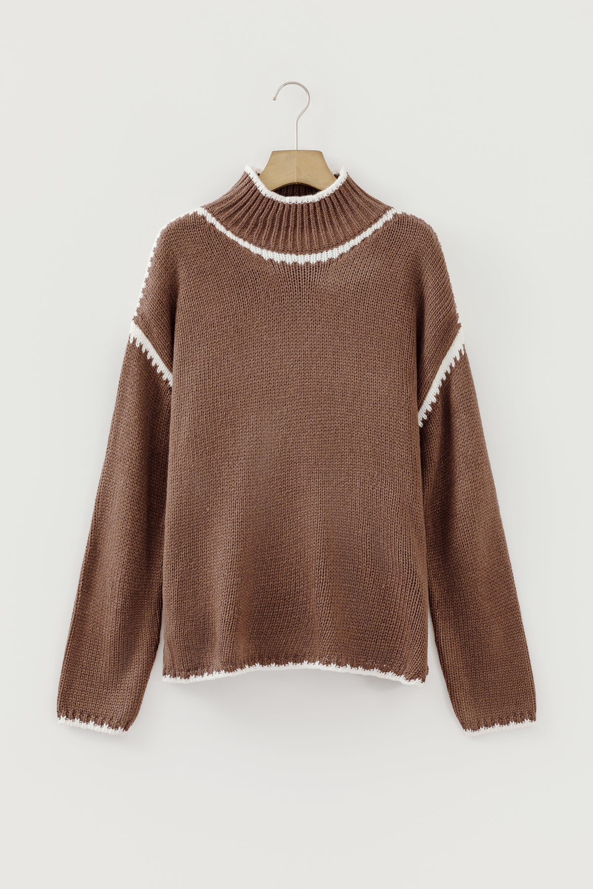 Dark Khaki Contrast Trim Mock Neck Drop Shoulder Relaxed Sweater