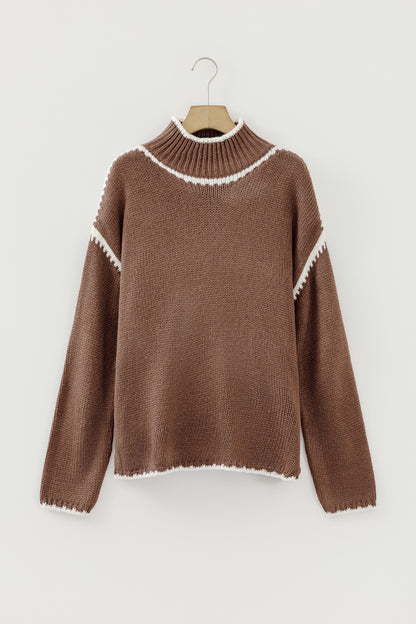Dark Khaki Contrast Trim Mock Neck Drop Shoulder Relaxed Sweater