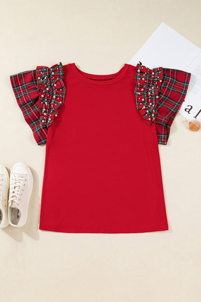 Racing Red Plaid Pearl Ruffled Short Sleeve Knitted Christmas Holiday Plus Size T-shirt