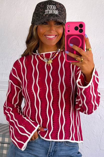 Racing Red Wavy Detail Hollow Out Knit Long Sleeve Cotton Pullover Sweater