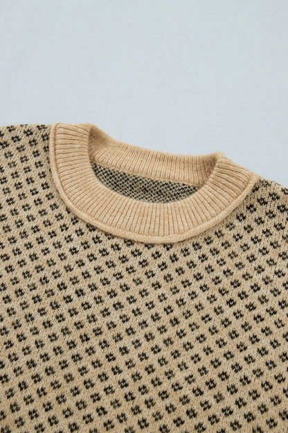Khaki Geometric Print Drop Shoulder Round Neck Long Sleeve Sweater