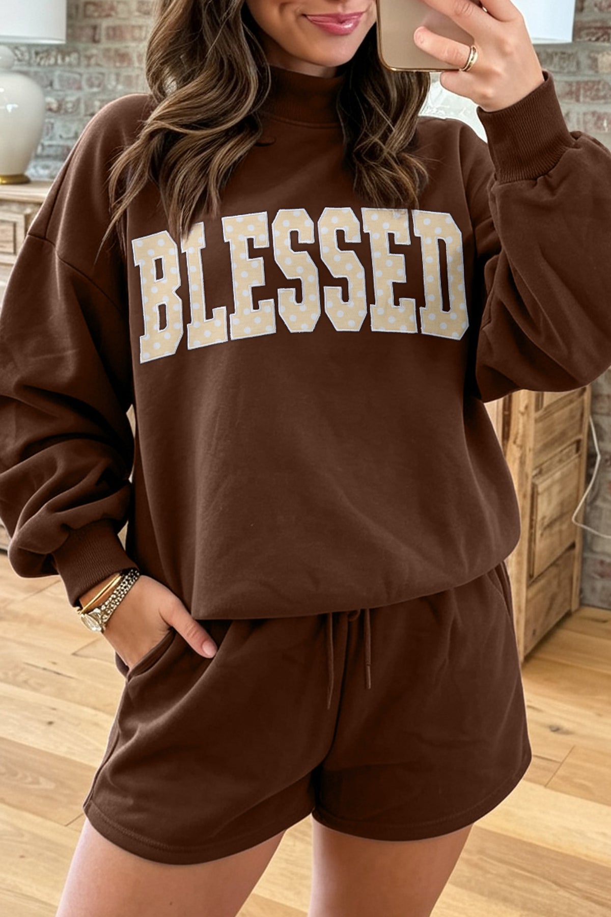 Dark Green Christmas Slogan Print Mock Neck Pullover and Shorts Set
