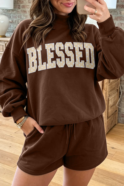 Dark Green Christmas Slogan Print Mock Neck Pullover and Shorts Set