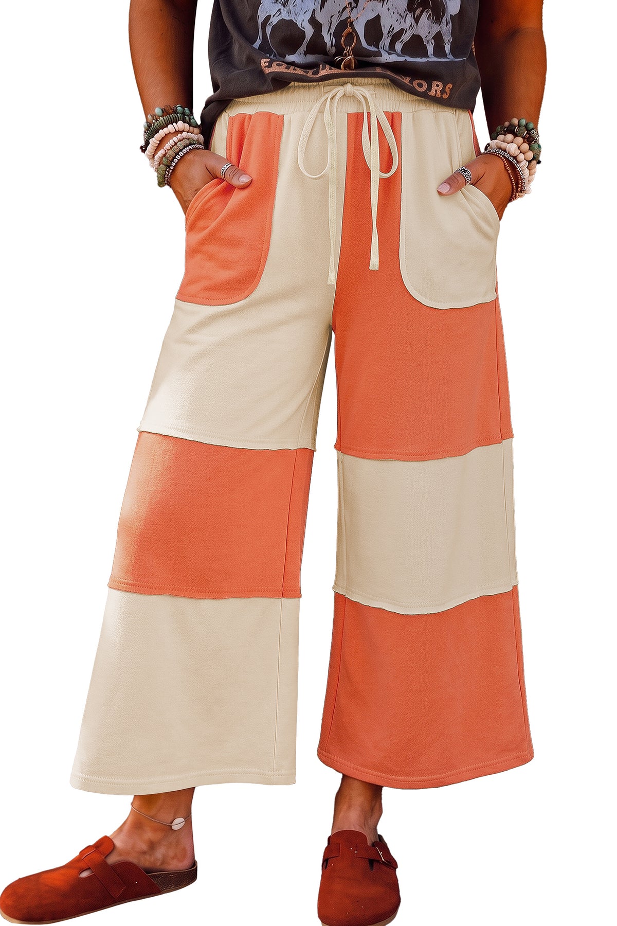 Fiery Red Raw Seam Colorblock Wide Leg Ankle Length Casual Pants