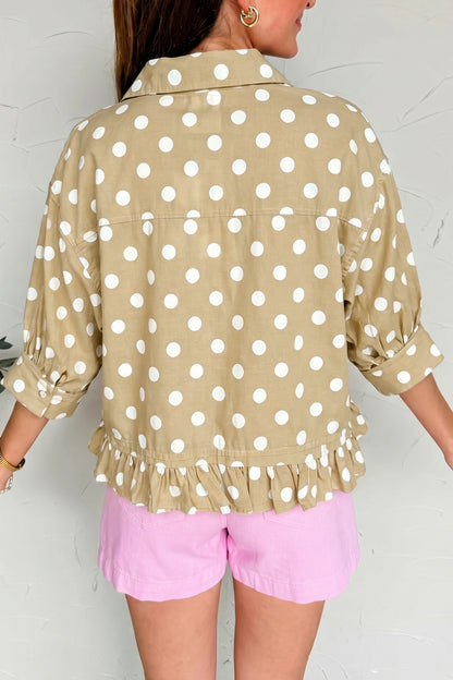 White Polka Dot Print Three Quarter Sleeve Ruffle Hem Casual Shirt