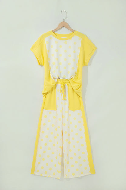 Green Color Block Patchwork Polka Dot Wide Leg Pant Set