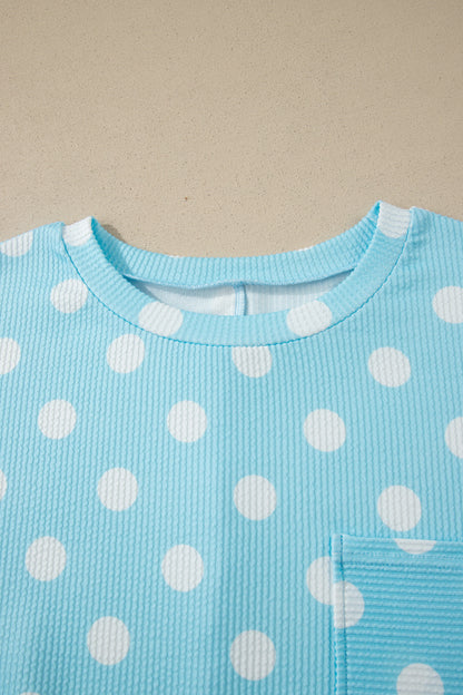 Sky Blue Twisted Rib Polka Dot Print Plus Size T Shirt
