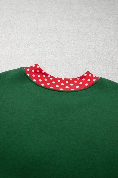 Dark Green Polka Dot Patchwork Round Neck Plus Size Sweatshirt