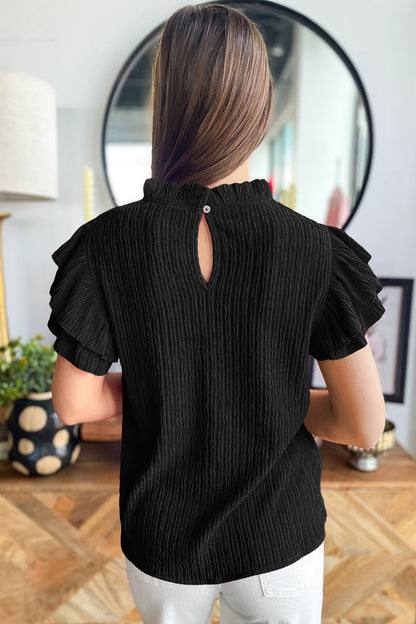 Dark Blue Solid Color Textured Ruffle Trim Short Sleeve Blouse