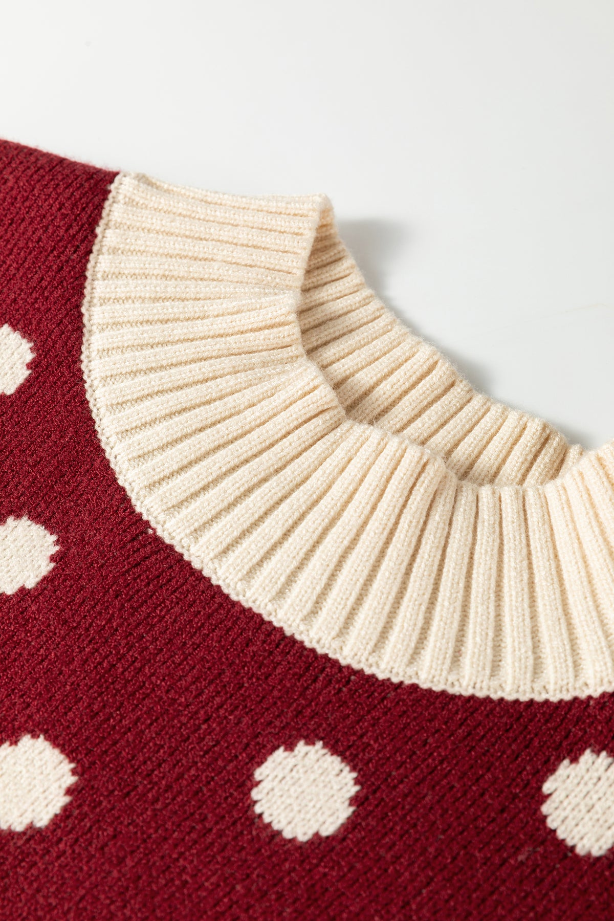 Red Polka Dot Pattern Ribbed Colorblock Trim Split Tunic Sweater