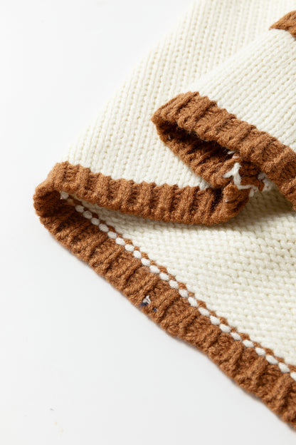 Chestnut Contrast Trim V-Neck Tie Front Loose Sweater Cardigan