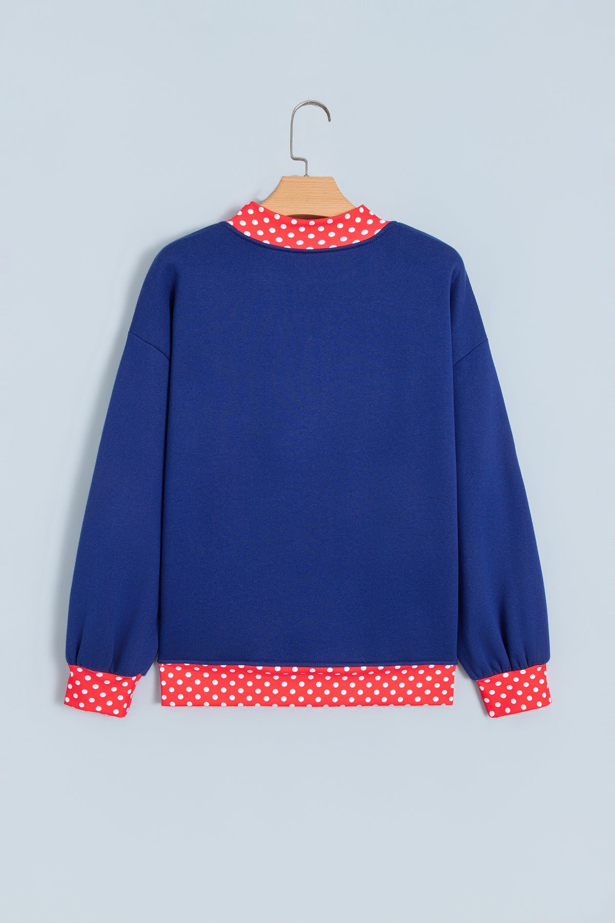 Sail Blue Polka Dot Letter Print Contrast Trim Mock Neck Sweatshirt