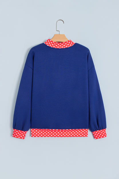 Sail Blue Polka Dot Letter Print Contrast Trim Mock Neck Sweatshirt