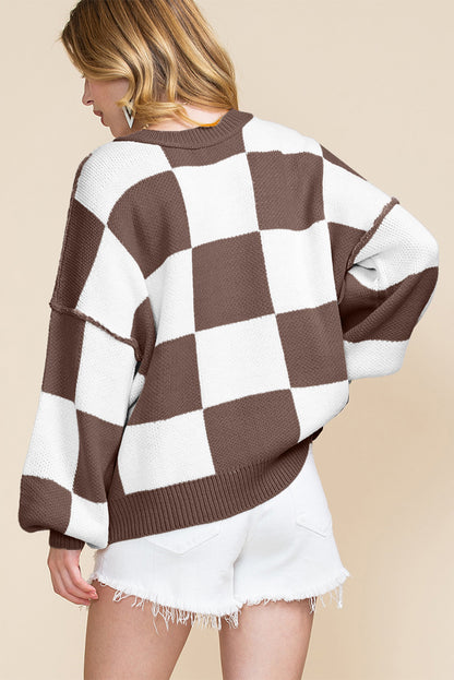 Black Checkered Bishop Sleeve Sweater