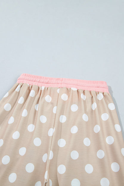 Khaki Polka Dot Contrast Trim Long Sleeve Top Drawstring Shift Pants Set