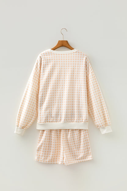 Pink Plaid Baggy Pullover Drawstring Casual Shorts 2pcs Outfit