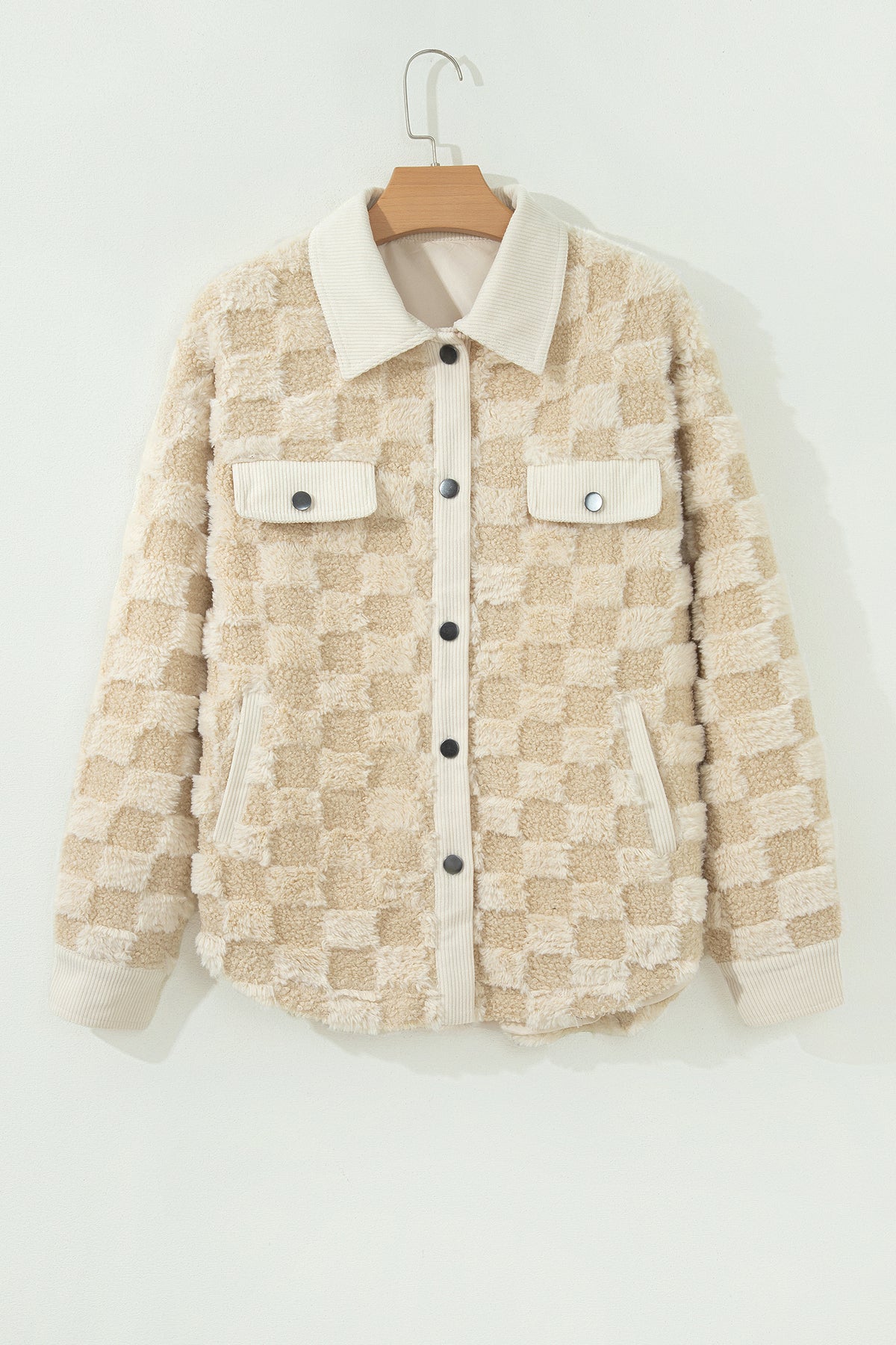 Khaki Plush Checkered Corduroy Trim Metal Button Long Sleeve Shift Silhouette Shacket