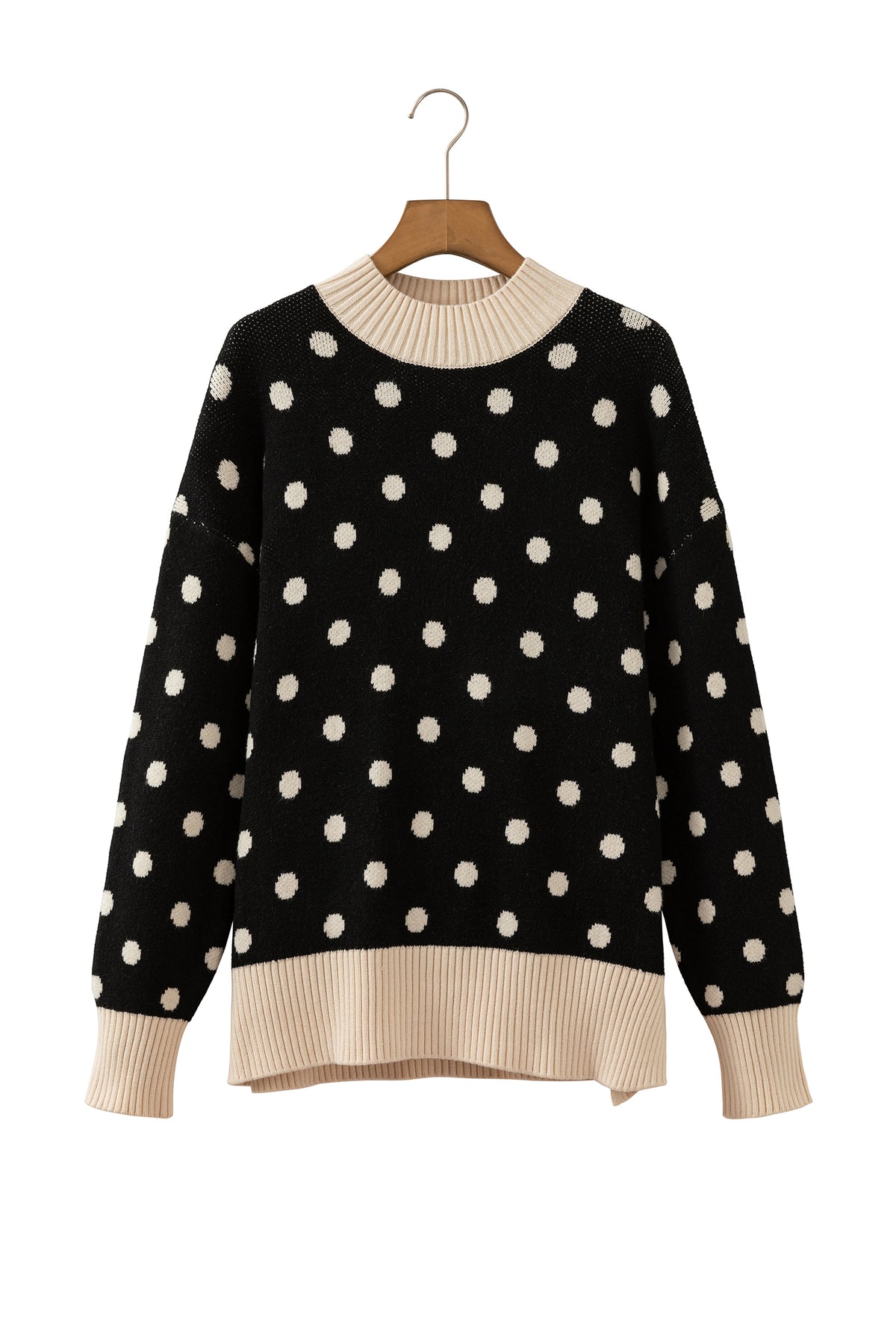 Red Polka Dot Pattern Ribbed Colorblock Trim Split Tunic Sweater