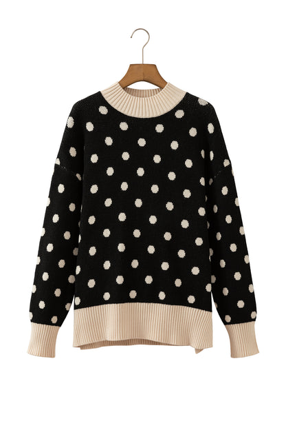Red Polka Dot Pattern Ribbed Colorblock Trim Split Tunic Sweater