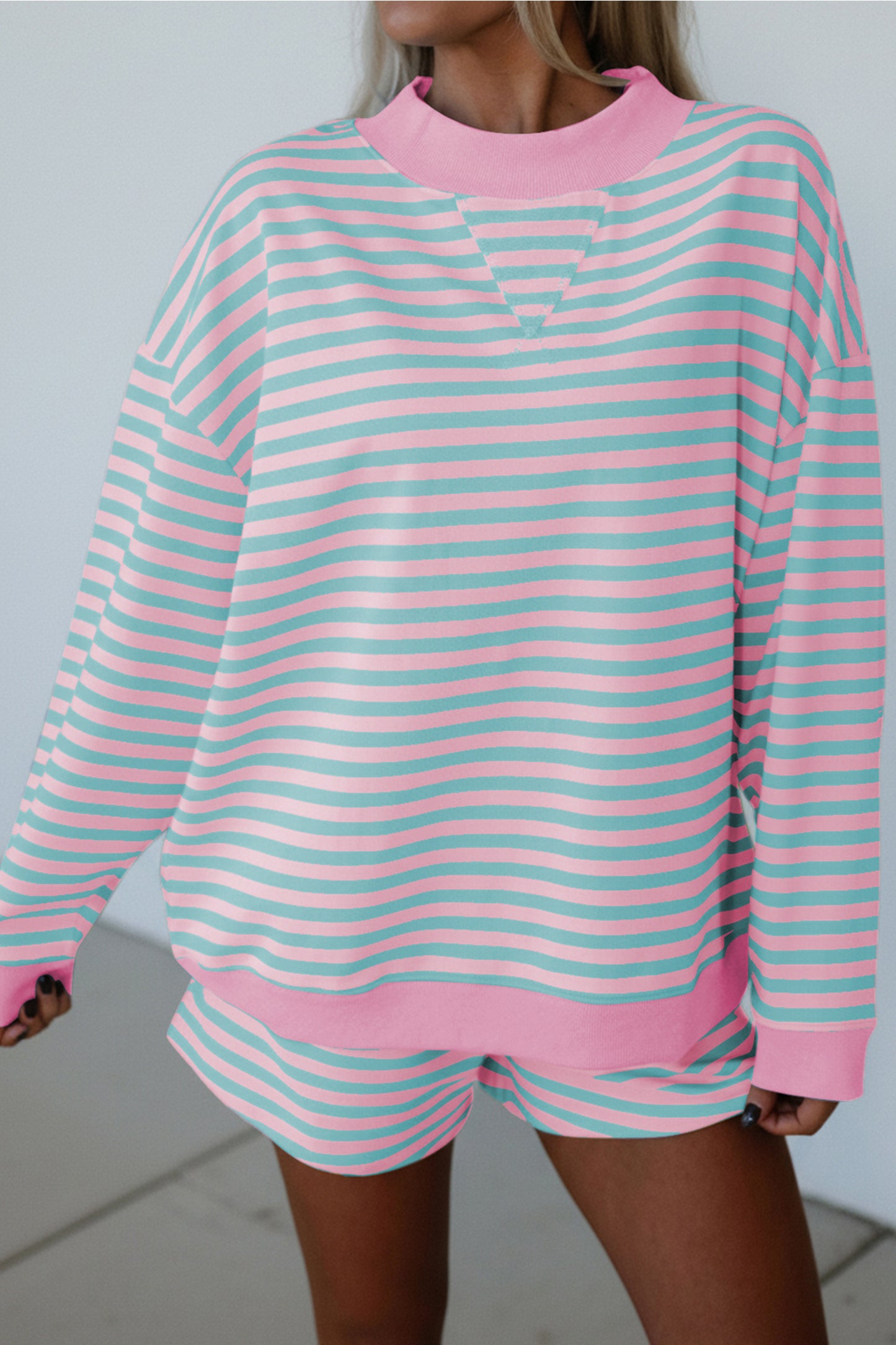 Green Stripe Color Block Detail Long Sleeve Pullover Elastic Waist Pull On Shorts 2pcs Set