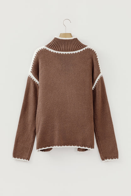 Dark Khaki Contrast Trim Mock Neck Drop Shoulder Relaxed Sweater