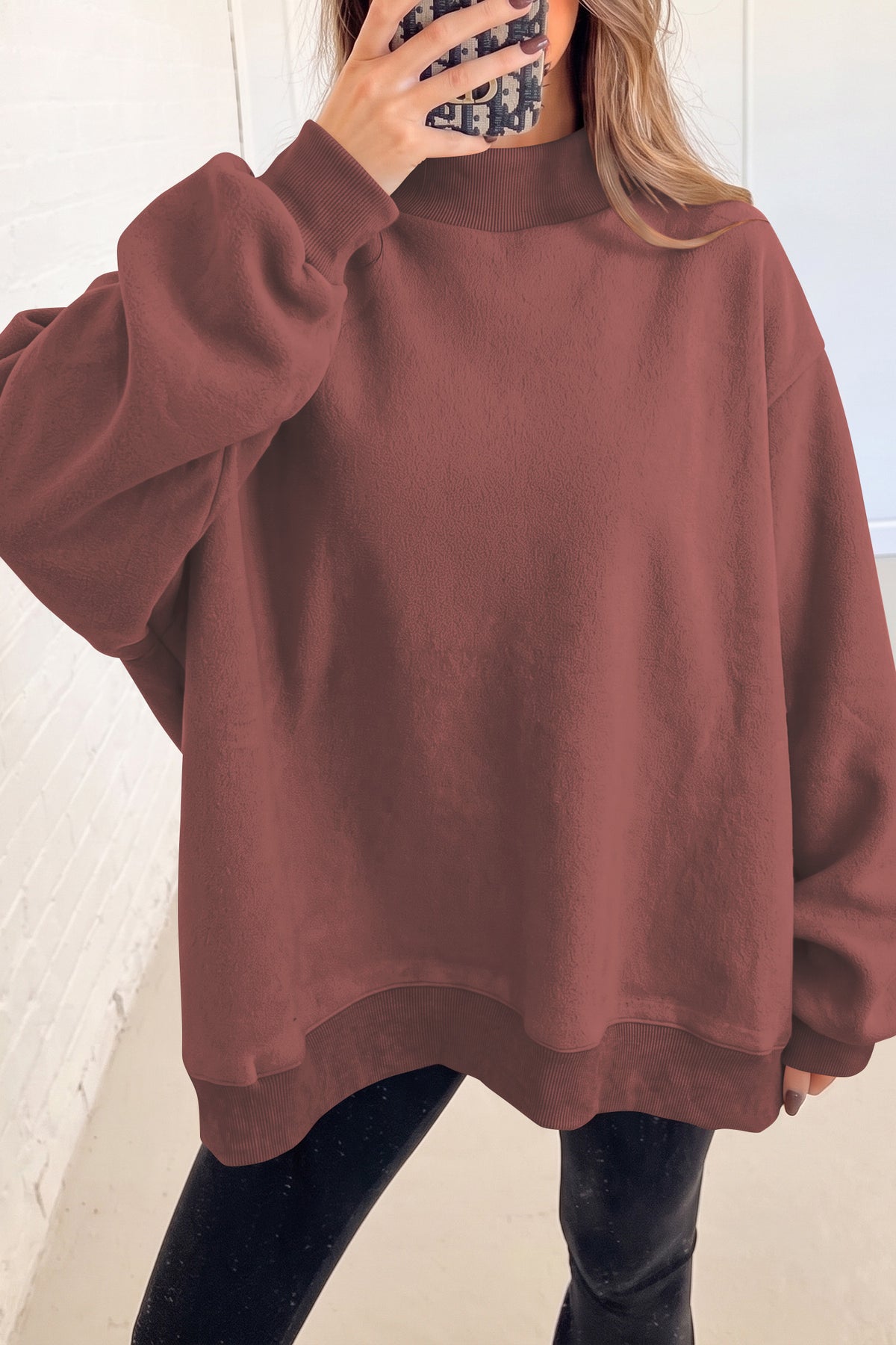 Black Oversize Drop Shoulder Reversible Mock Neck Sweatshirt