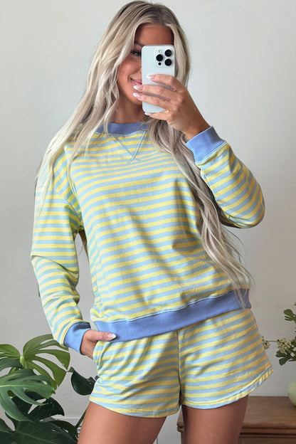 Green Stripe Color Block Detail Long Sleeve Pullover Elastic Waist Pull On Shorts 2pcs Set