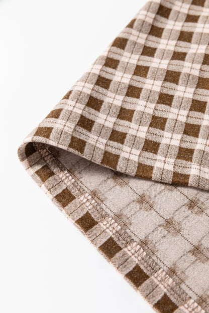 Brown Plaid Elastic Waist Patch Pocket Wide Leg Pants