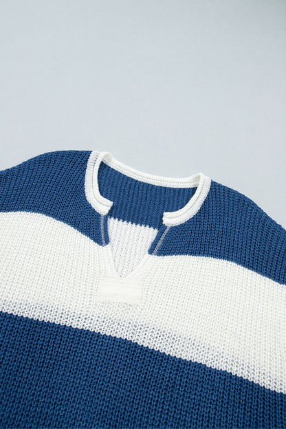 Brown Stripe Striped Colorblock Knit V Neck Short Sleeve Loose Sweater