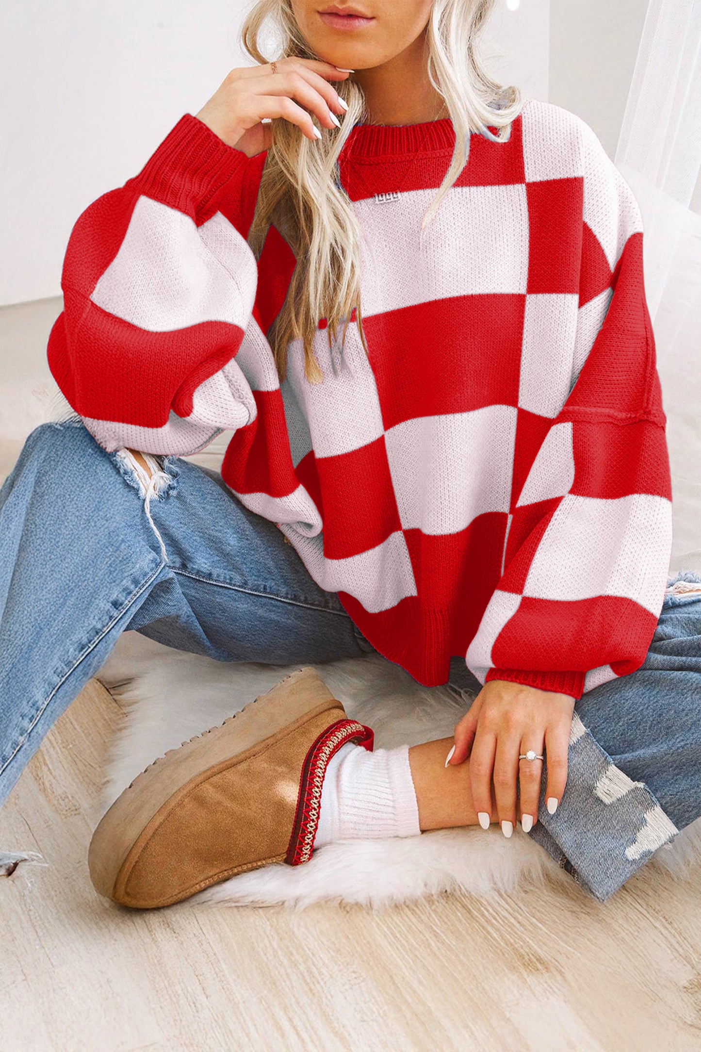Black Checkered Bishop Sleeve Sweater