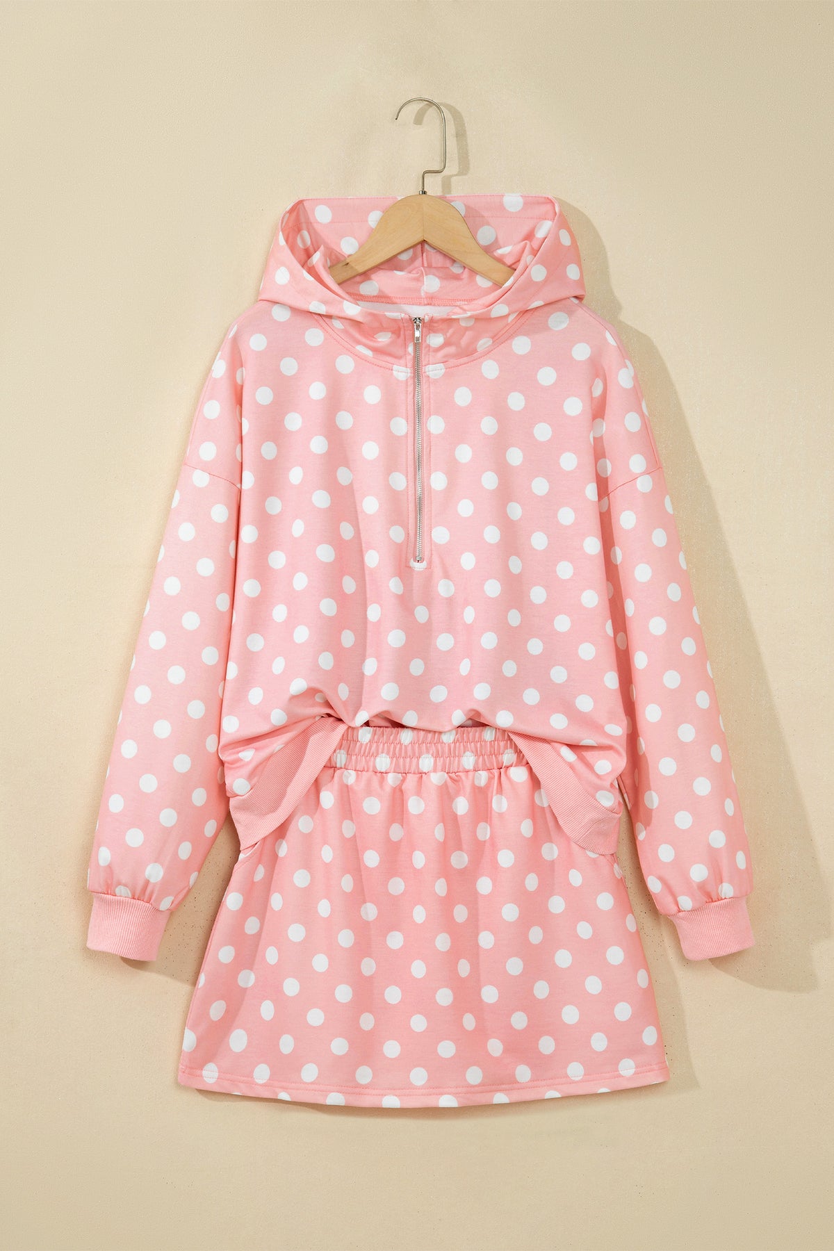 Orange Polka Dot Hooded Long Sleeve Top Casual Mini Skort Set