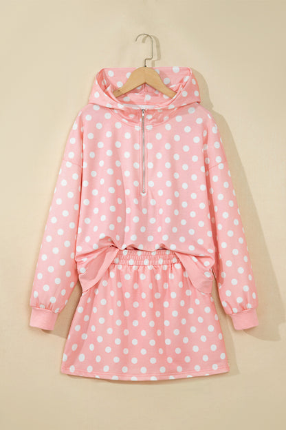 Orange Polka Dot Hooded Long Sleeve Top Casual Mini Skort Set