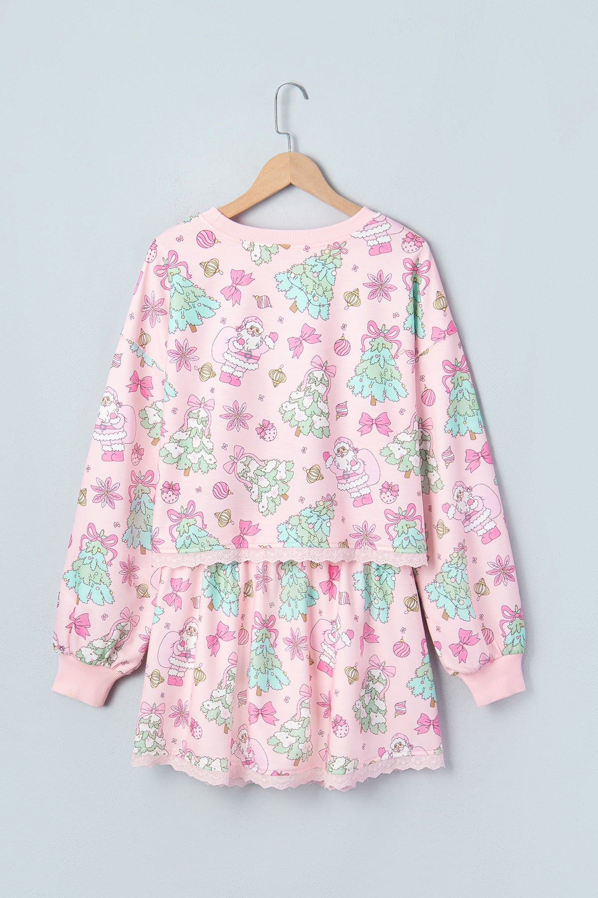 Pink Floral Print Lace Trim Long Sleeve Skirt Set