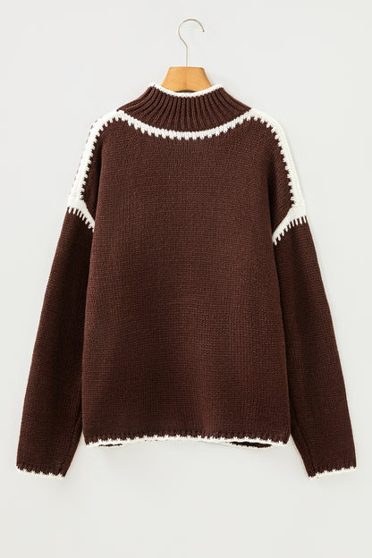 Dark Khaki Contrast Trim Mock Neck Drop Shoulder Relaxed Sweater