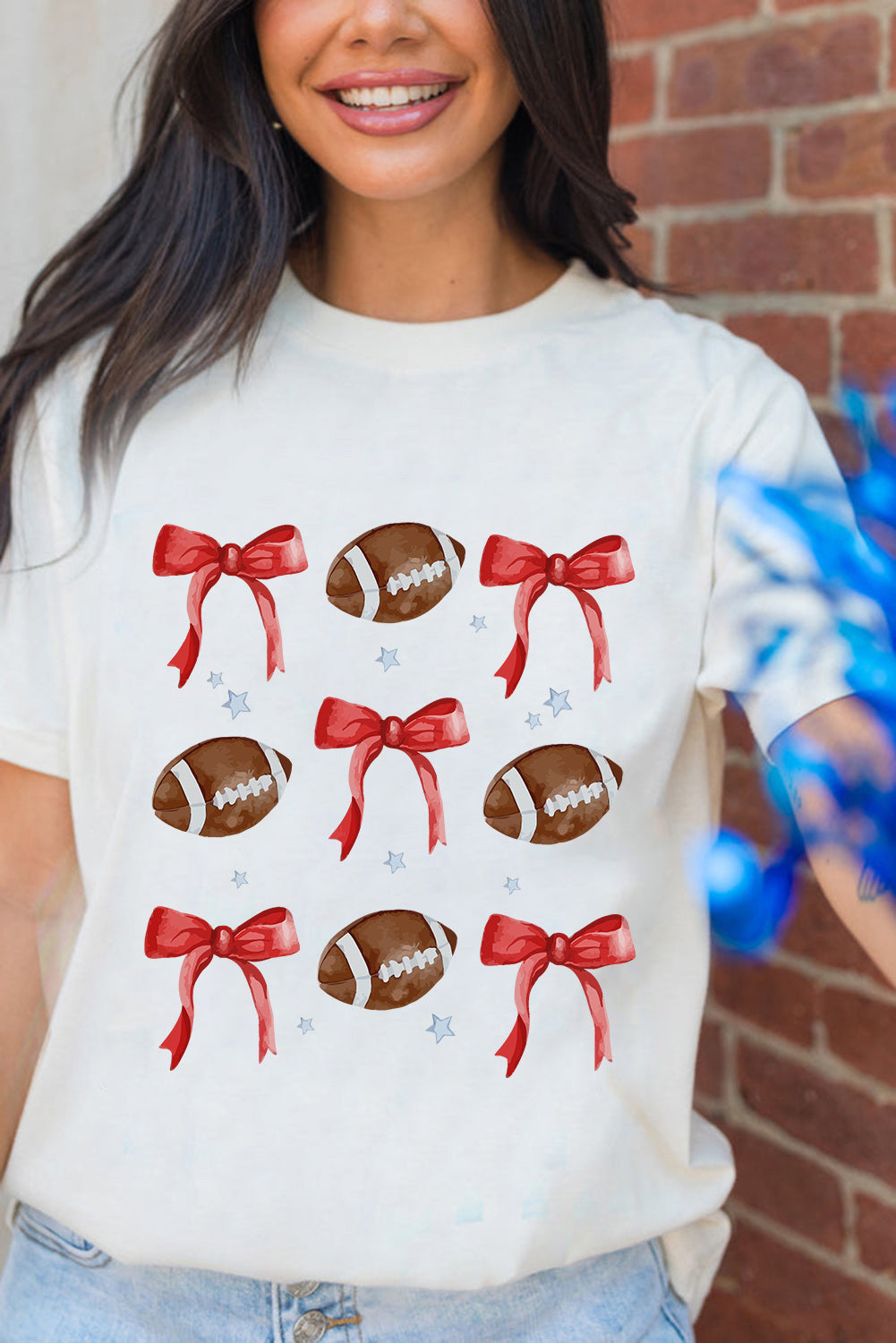 White Bowknot Rugby Graphic Crew Neck Tee