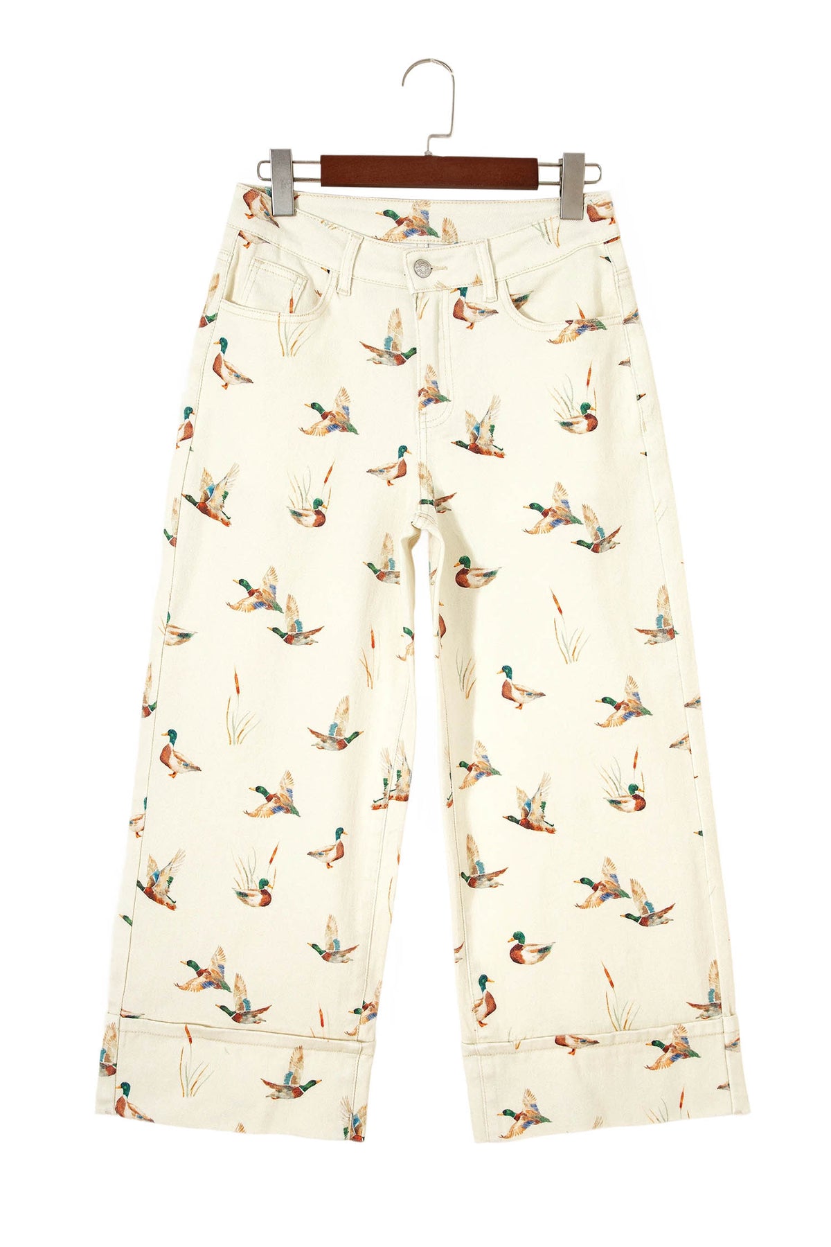 Beige Stylish Mallard Printed Cuffed Hem Shift Jeans