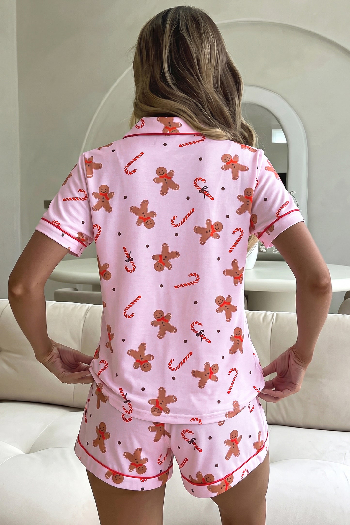 Pink Short Sleeve Placket Shell Button Elastic Waist Lounge Set